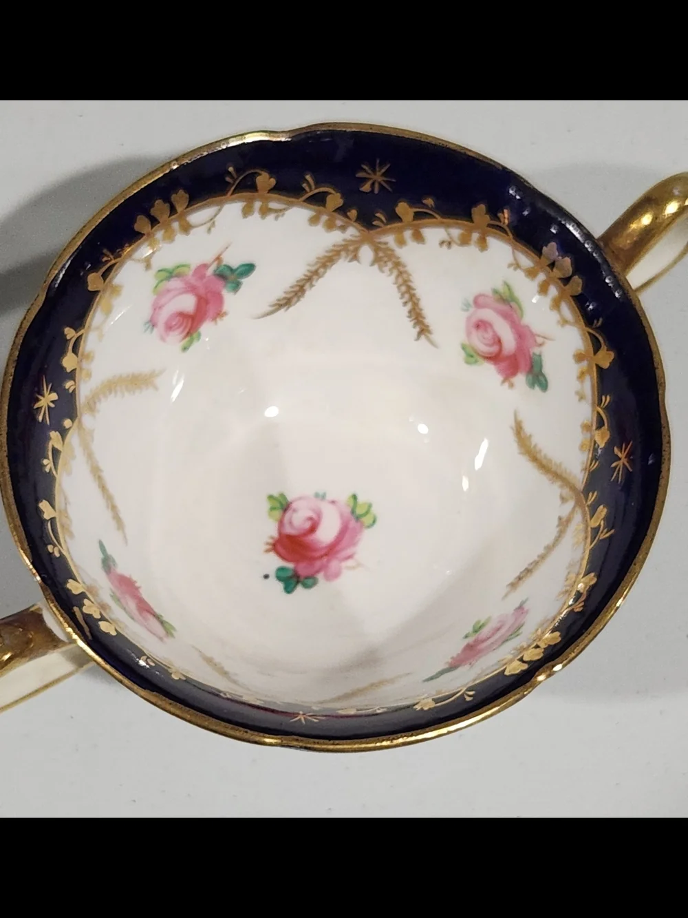 Antique Grosvenor China Bouillon Cups Pair Cobalt Blue Gold Rose 1920s Jackson G